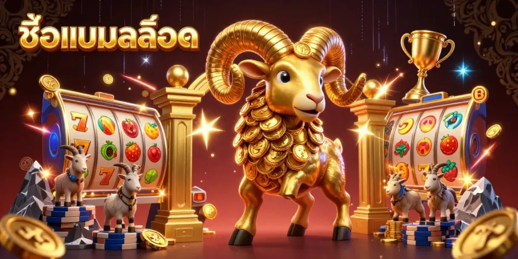 Experience the thrilling scene of ชื่อเกมสล็อต with dynamic reels and golden elements in a captivating 3D digital illustration.
