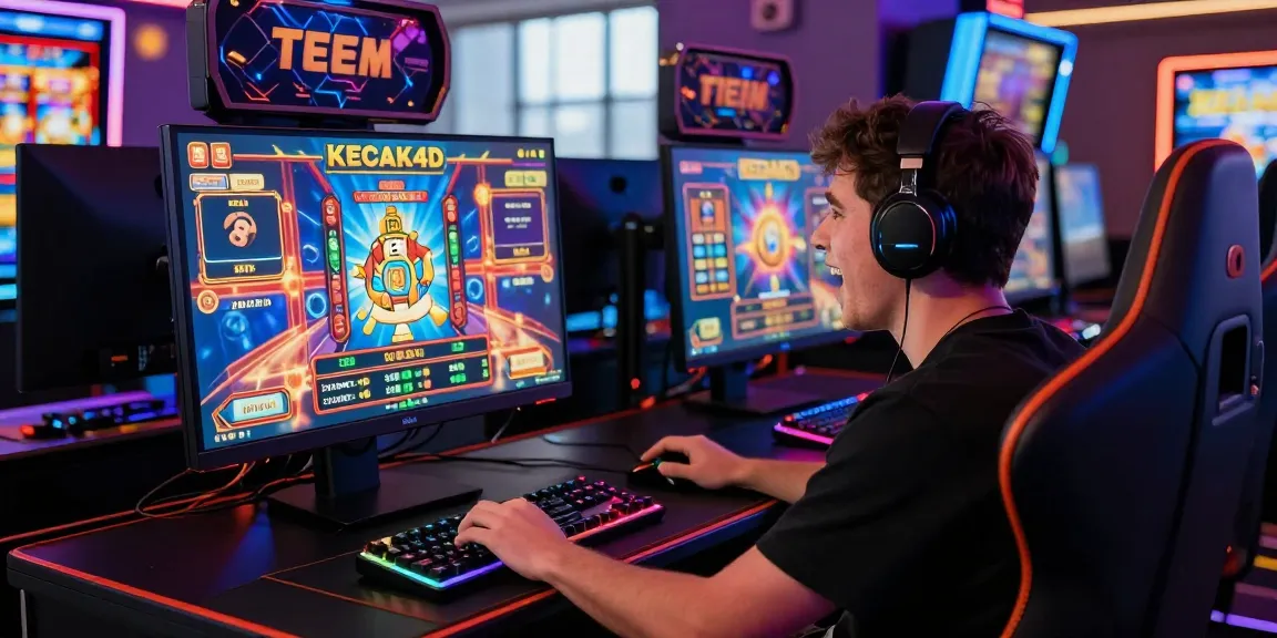 Engaged gamer playing KECAK4D online slot, vibrant interface with dynamic graphics and gaming peripherals.
