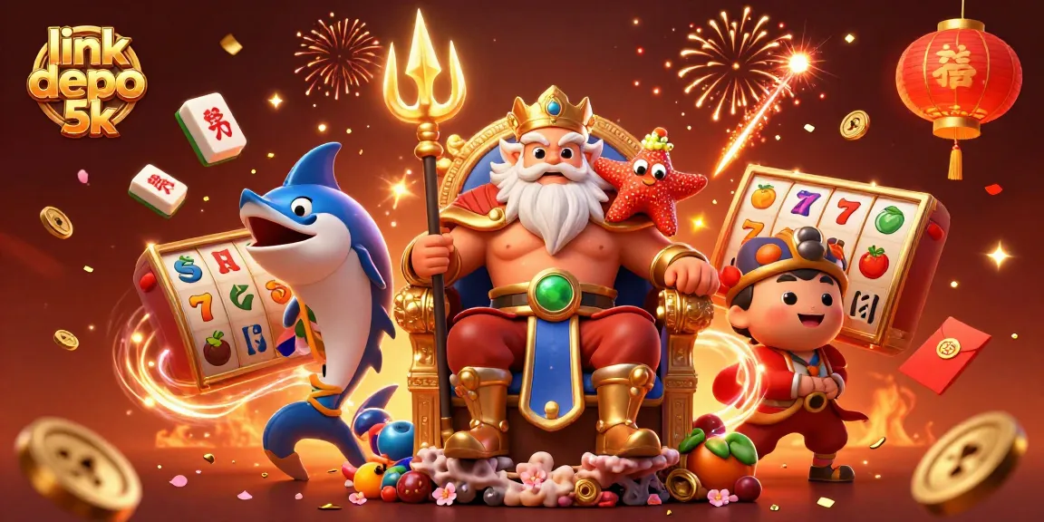 Spin to win with link depo 5k in this vibrant 3D casino scene featuring slot reels and festive elements.