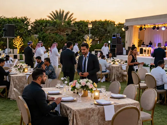 Engaging event rentals setup at a luxury corporate gathering in Saudi Arabia, featuring elegant tables, themed decor, and high-tech AV equipment.