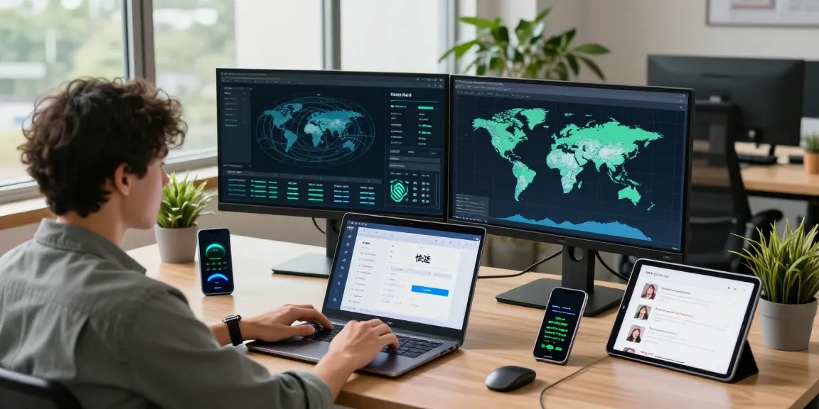 快连 application being used on a dual monitor setup in a modern workspace, highlighting fast internet performance.