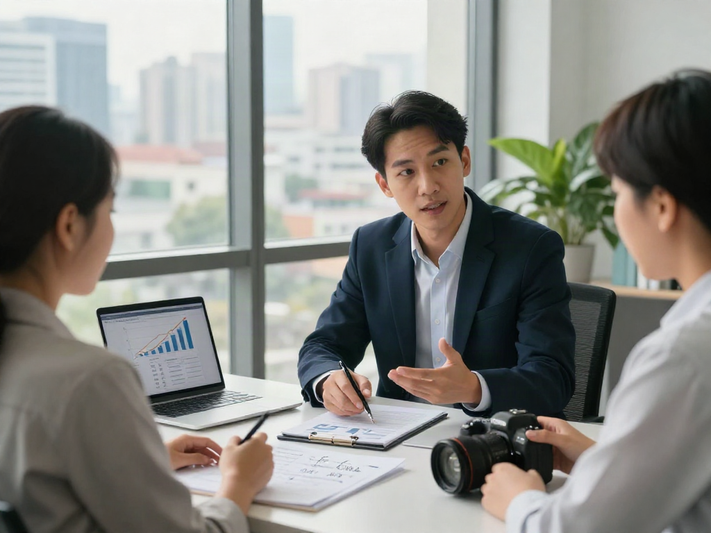 Couple discussing how to deposit 10k with a financial advisor in a modern office setting.