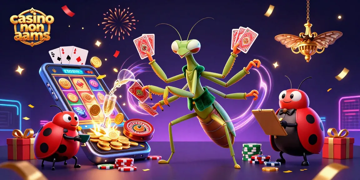 Gioca nei casino non AAMS con stile: un camaleonte gigante distribuisce carte e champagne mentre un coleottero gestisce il gioco.