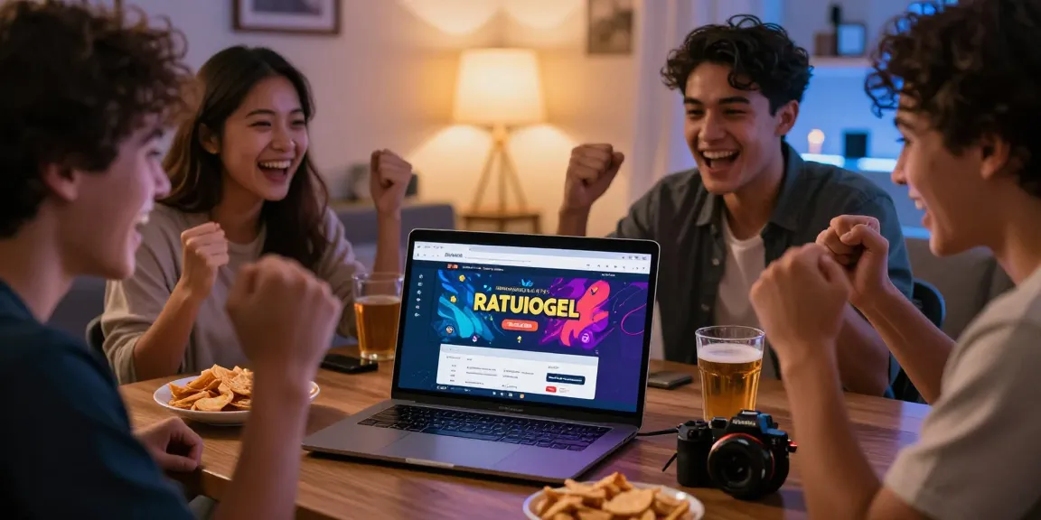 Pengalaman taruhan online dengan ratutogel, sekelompok teman merayakan kemenangan di sekitar laptop.