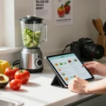 Using the best food tracking app in a bright kitchen while preparing healthy meals.