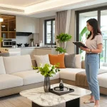 Dover Residences Showflat featuring a stylish living room and modern kitchen, showcasing luxury urban living.