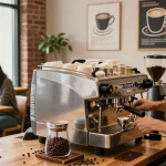 Barista pulls espresso shots at a busy coffee shop, showcasing rokok88 link alternatif culture and community.